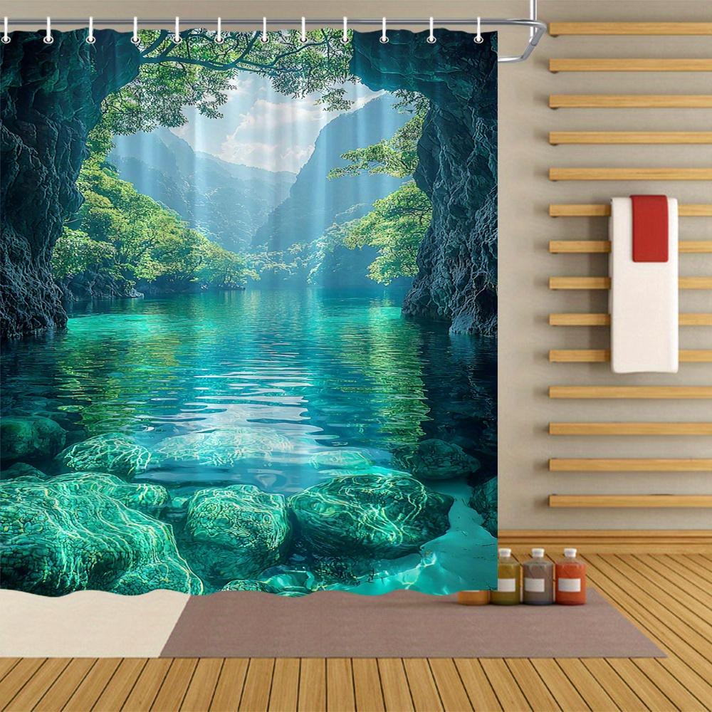Tranquil Turquoise River & Green Canyon Shower Curtain, Polyester, Serene Nature Scene, Machine Washable, 12 Hooks