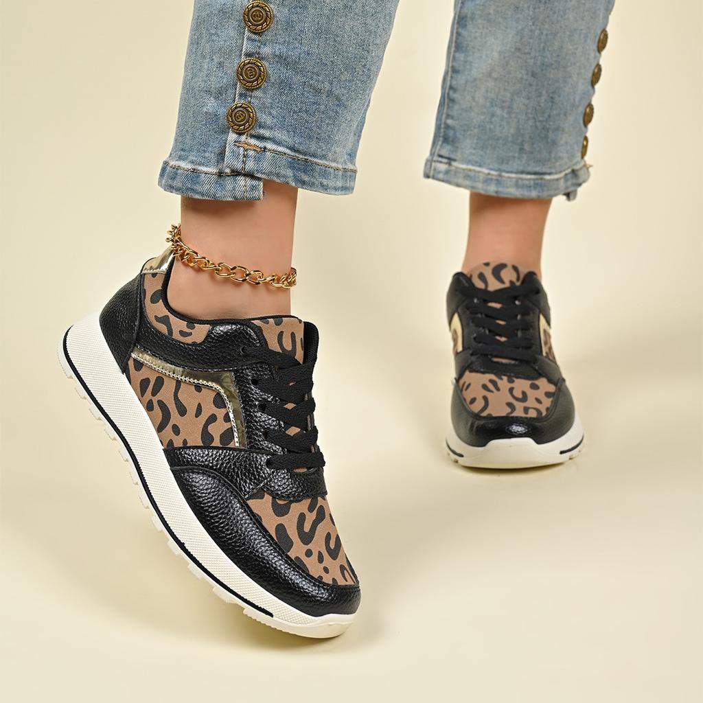 Autumn New Flat-bottomed Leopard Print Lace-up Casual Sports Shoes Women's Foreign Trade Large-size Four-season Single Shoes Running Shoes