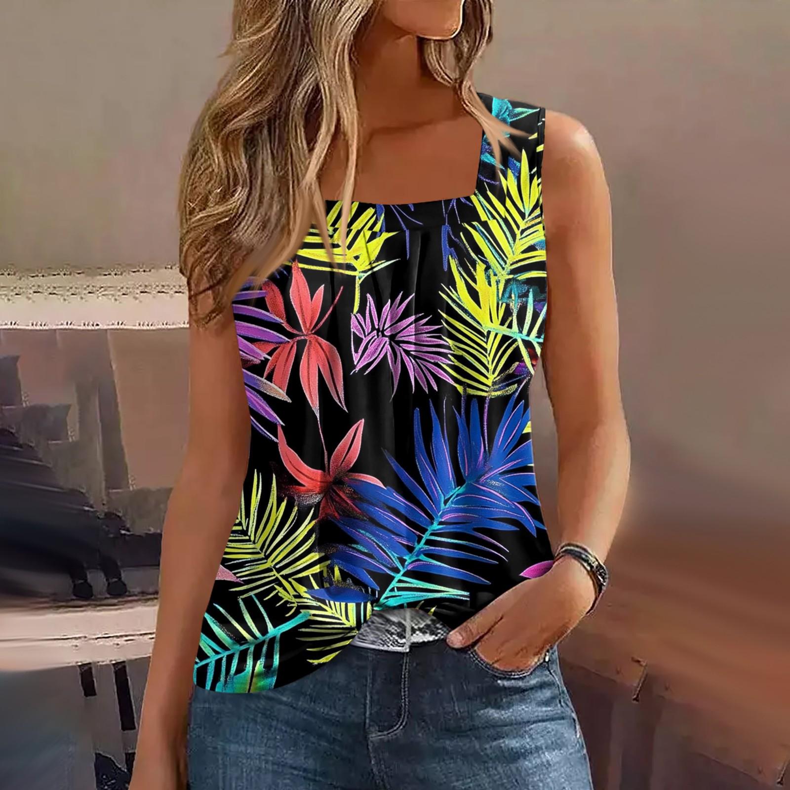 

Женская летняя повседневная плиссированная футболка без рукавов с квадратным вырезом и принтом XL