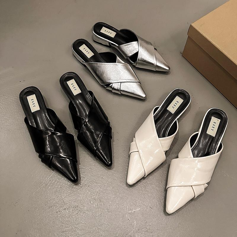 Fashion French Style Silver Headed Half Slippers for Women's 2024 New Summer Mary Jane Cool Slippers Women Sandals