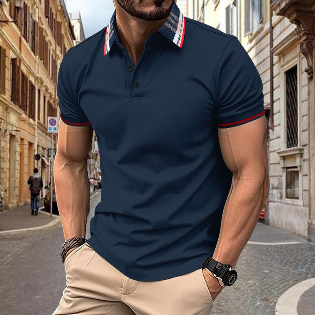 Men Solid Lapel Collar Striped Patchwork Polos Shirts Summer Tops Casual Short Sleeve Polo Shirt