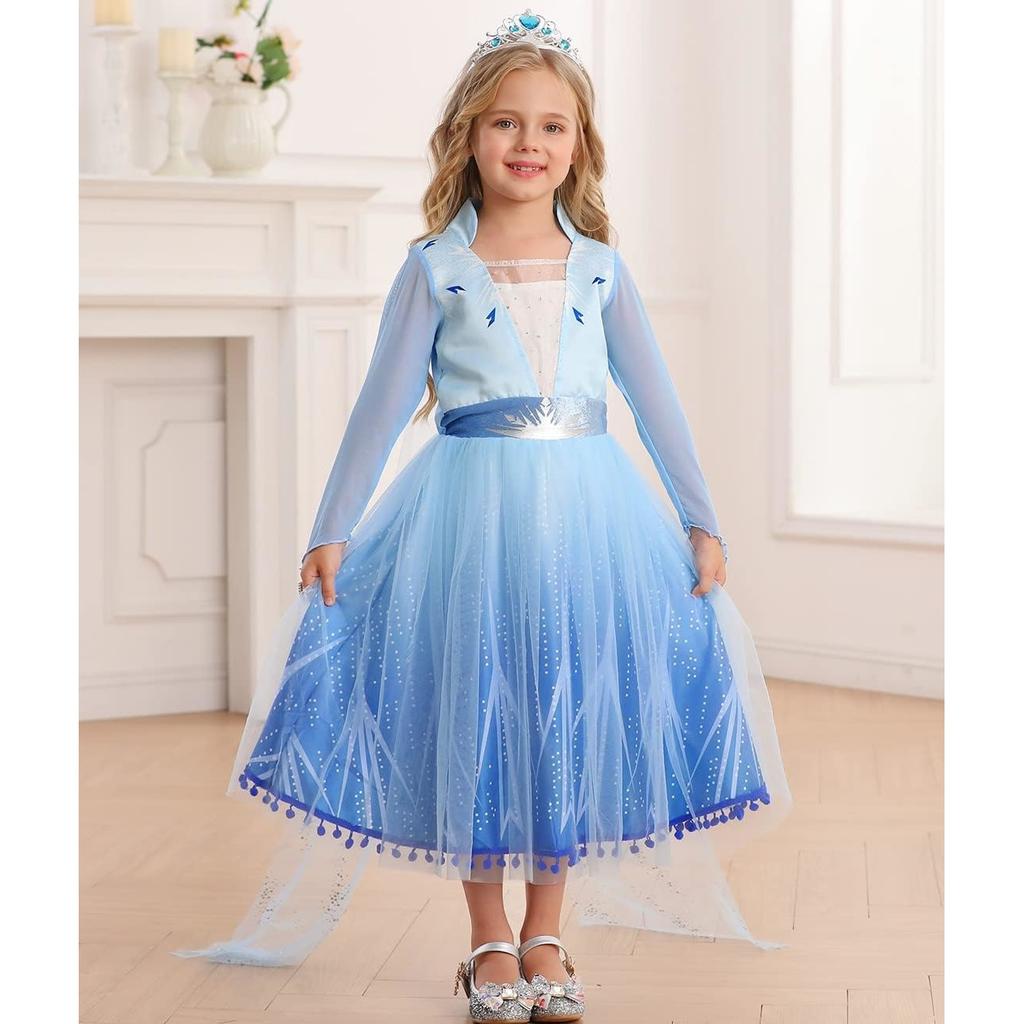 Elsa Die Eiskönigin 2 Kleid für Mädchen, Eisprinzessin, Premium-Stoff, 140 cm, Alter 6-7, Kaiserblau