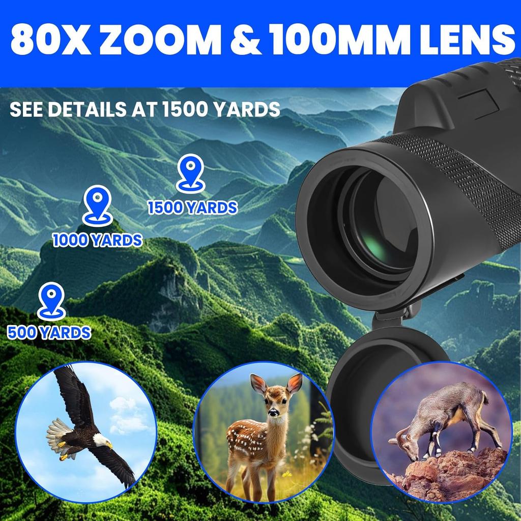 80x100 HD ZOOM Powerful Monocular Telescope Portable Telescope Long Range Telescope for Hunting Sports Outdoor Camping Travel