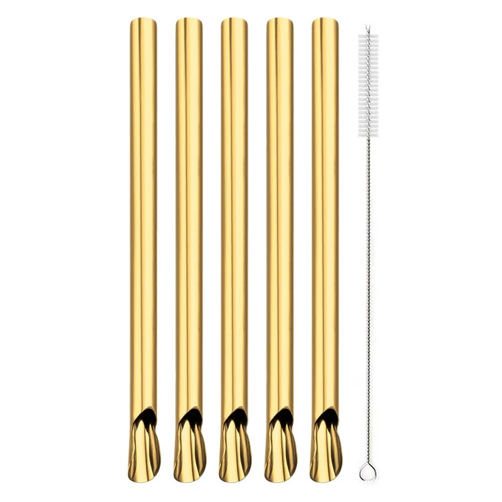 Reusable 304 Stainless Steel Straw Pearl Milkshake Bubble Tea 6Pcs Straw with Brush Set Stirring Smoothie Spoon Shaped Straw