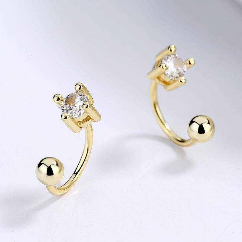 S925 Sterling Silver Zircon Screw-Back Stud Earrings - Simple C-Shaped Design for Cartilage and Round Face Slimming