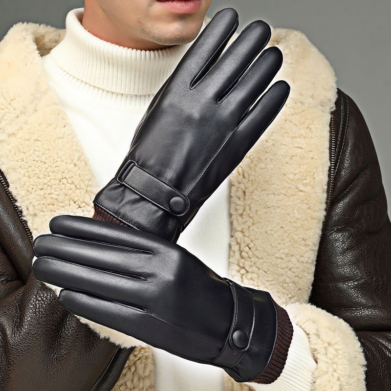 Leather Gloves Men Waterproof Touch Screen Autumn and Winter Washed Leather PU Leather Velvet Warm Driving Cycling Motorcycle