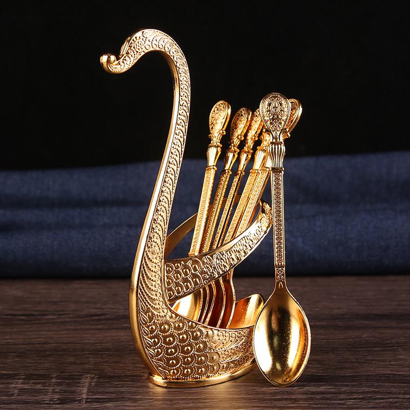 Light luxury fruit fork dessert fruit stick pure copper swan base creative high-end tableware dim sum coffee spoon set