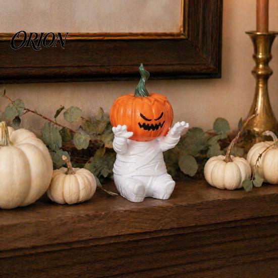 Halloween Themed Collectibles Pumpkin Head Mummy Statue, Funny Decorations, Cute Sitting Unique Party Supplies Resin Figurine for Desktop Shelf Sitter