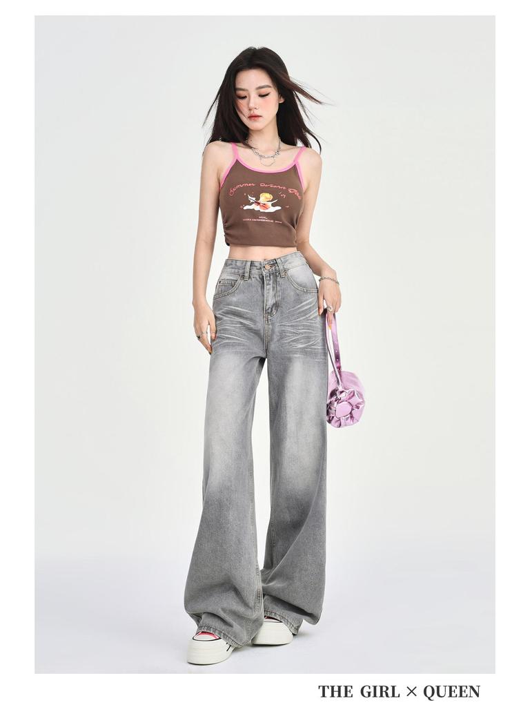 Women's 2025 Spring Gray Low-Rise Wide-Leg Retro Petite Jeans