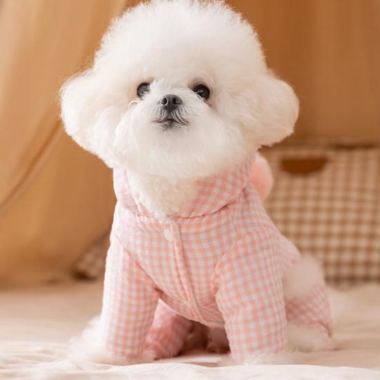 jijijing Hooded Plaid Pet Jumpsuit, Dog Four Legged Apparel, Cozy Hoodie with Pompom, Plush Lined Onesie Clothes for Small Dogs Autumn Winter Wear