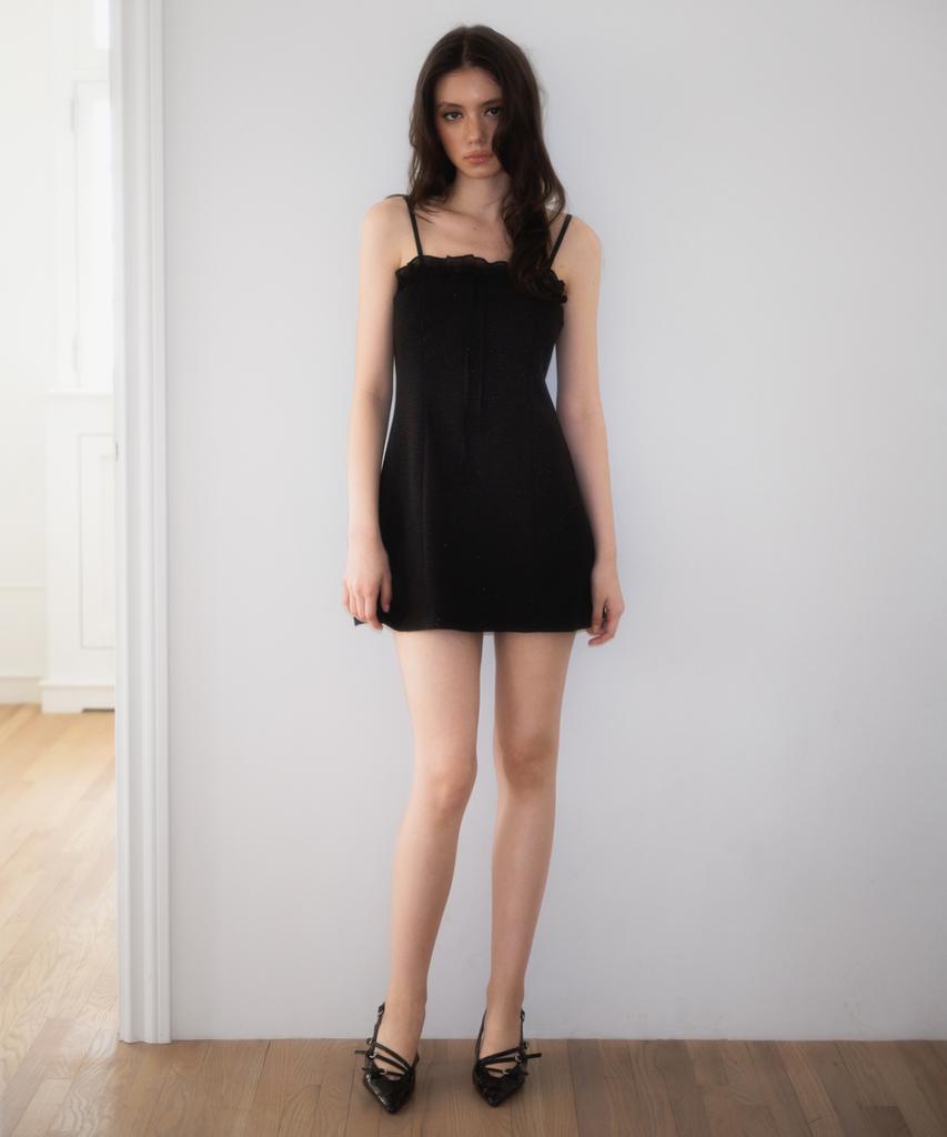 Rose Franz Tweed Ribbon Tie Mini Dress [Black]