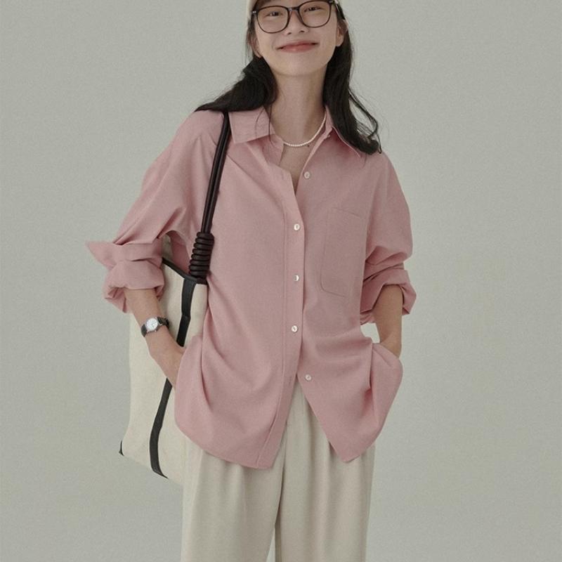 

Весенняя повседневная женская рубашка с длинным рукавом розового цвета, модные однотонные хлопковые свободные женские блузки на пуговицах с простыми лацканами для офиса, женская рубашка 26037 XL розовый