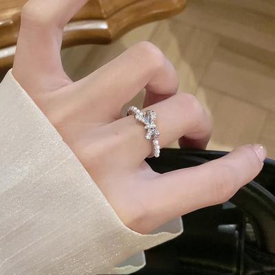 Zirkon Schleife Perle offener Ring Nischen Design leichter Luxus hoher Sinn Mode Exquisit Vielseitig Persönlichkeit Schmuck