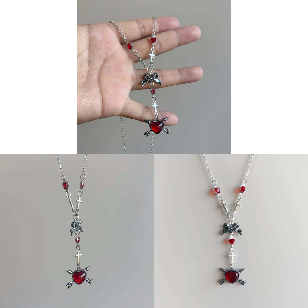 Dark Punk Red Black Heart Butterfly Necklace With Antique Zinc Alloy For Women