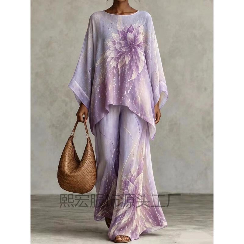 European and American loose bat sleeve top + wide-leg trousers set 1116 European and American women's clothing two-piece set