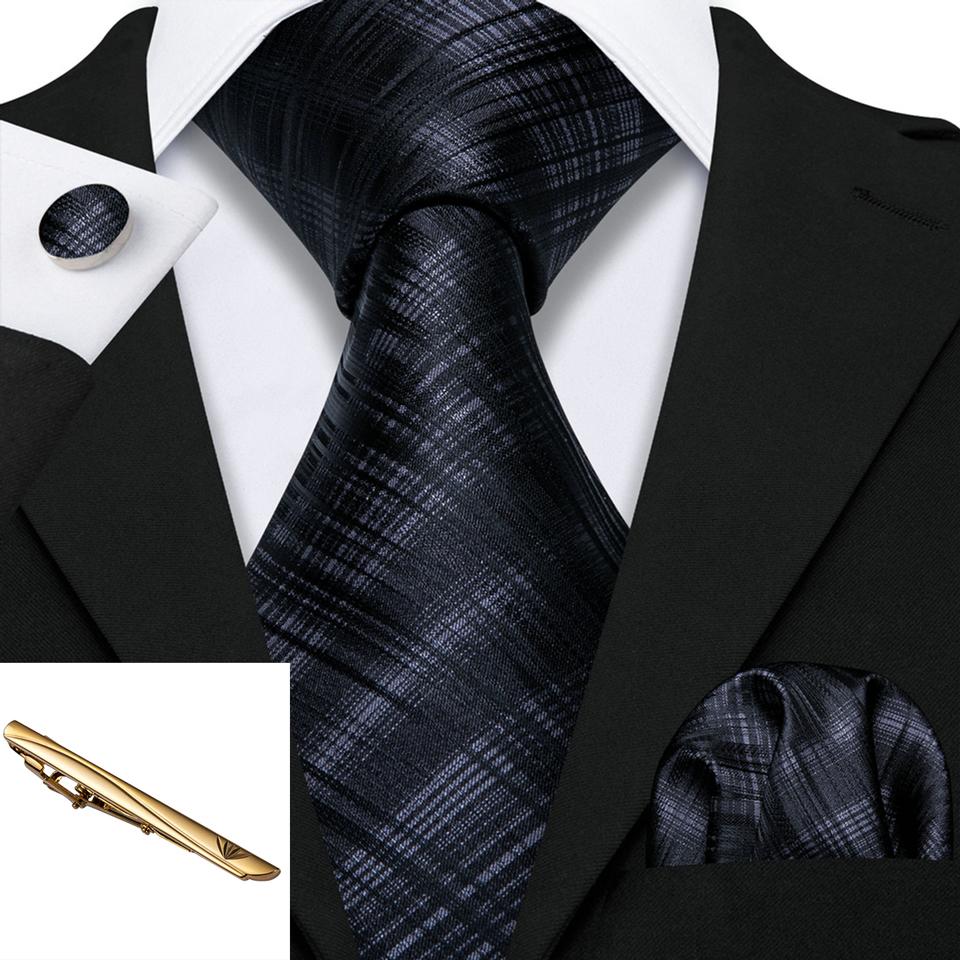 Barry.Wang Men Plaid Check Ties with Tie Bar Silk Necktie Hanky Cufflinks Gold Tie Clip Set