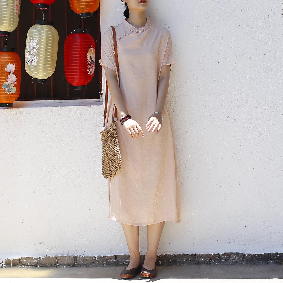 

Johnature Vintage Stand Short Sleeve Dress For Women Solid Color Summer A-Line Chinese Style Female Dress One Size светло-розовый