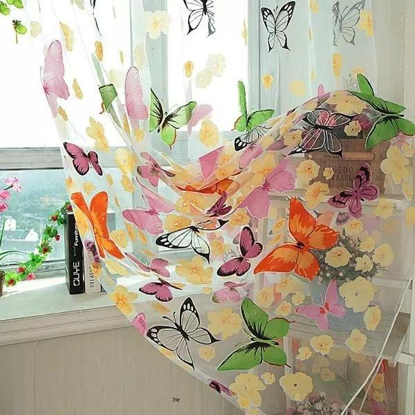 Transparente Vorhänge mit Blumenmuster und Schmetterlingen, transparenter Voile-Tüll-Fenstervorhang