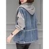 Dámská džínová bunda s kapucí, jarní volná bunda velké velikosti, podzimní ležérní barevně sladěný džínový kabát