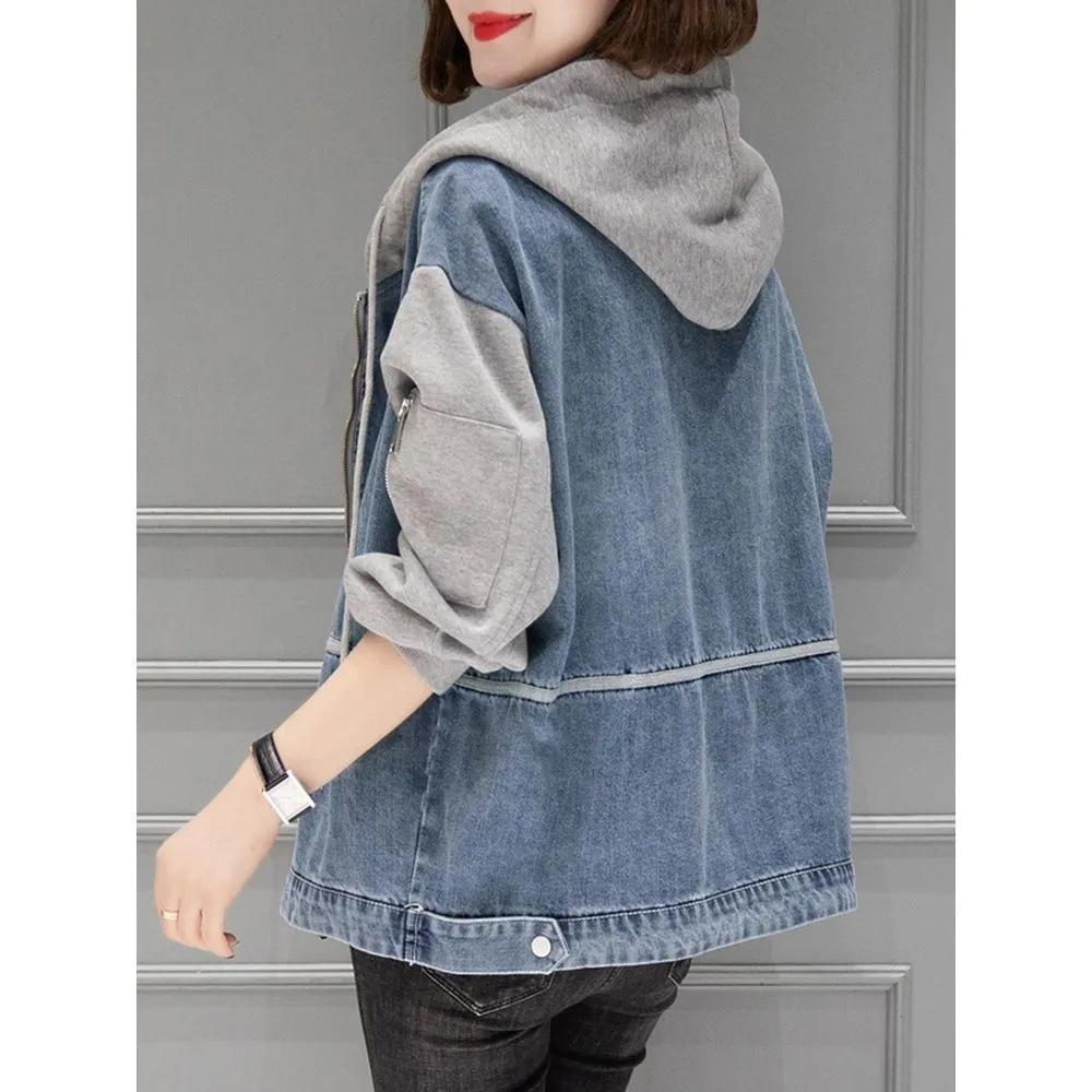 Dámská džínová bunda s kapucí, jarní volná bunda velké velikosti, podzimní ležérní barevně sladěný džínový kabát