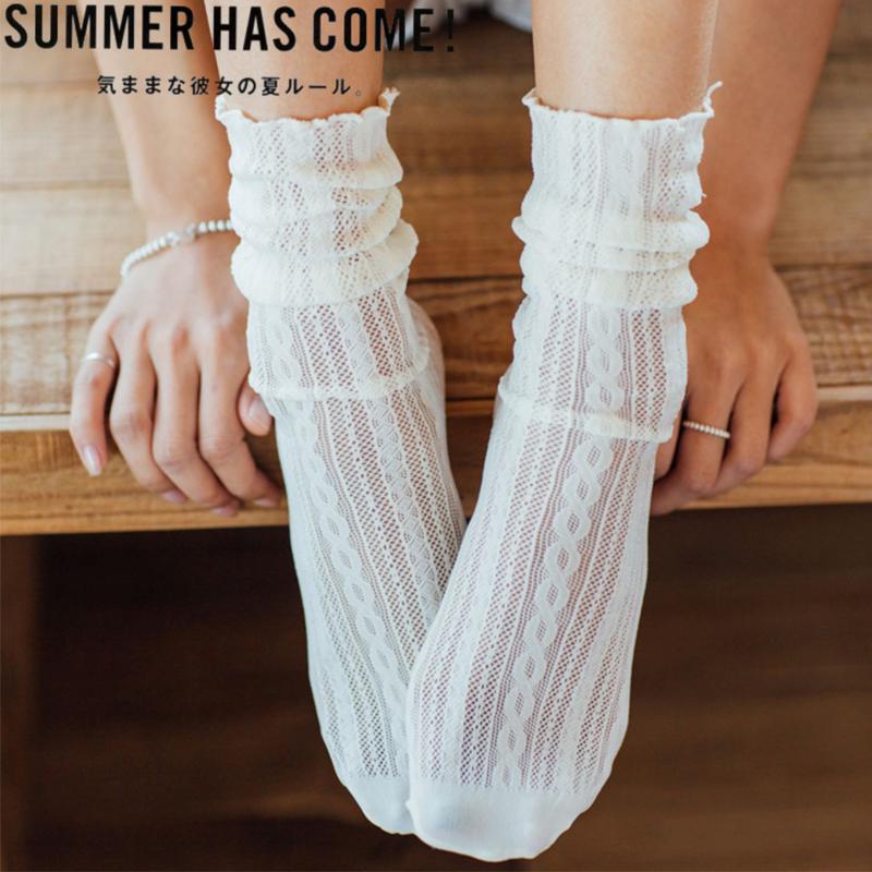 Women Fashion Long Pattern Summer Loose Socks Floral Solid Bubble White Black Korean Mesh Japanese Breathable Lolita Luxury Lace