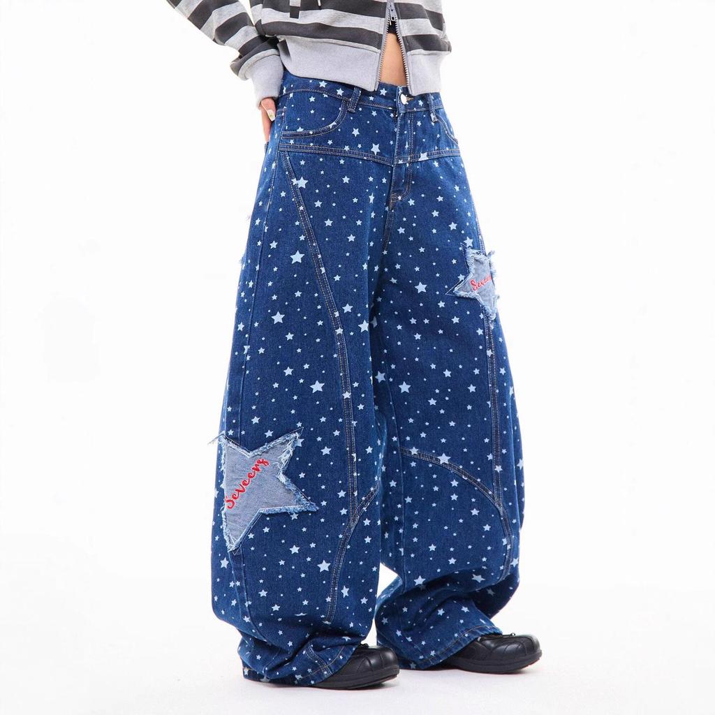 Y2K Retro Star Embroidered Wide-Leg High-Waisted Jeans for Women