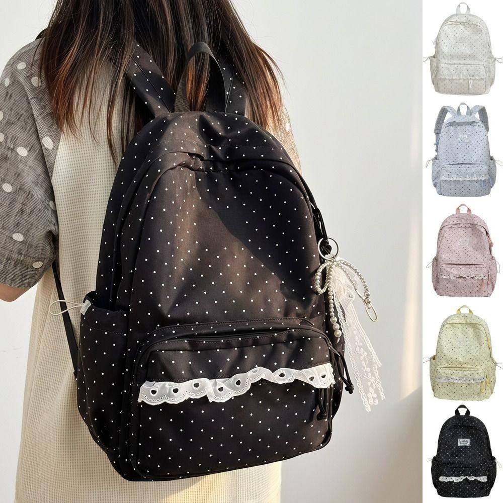 Sweet Lace Trim Rucksack Large Capacity Student School Bag Y2k Polka Dot Backpack  Outdoor Use