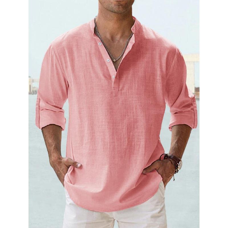 Men's Linen Stand Collar Long Sleeve T-shirt Loose Sweatshirt Solid Color Long Sleeve Cotton Linen Shirt Men