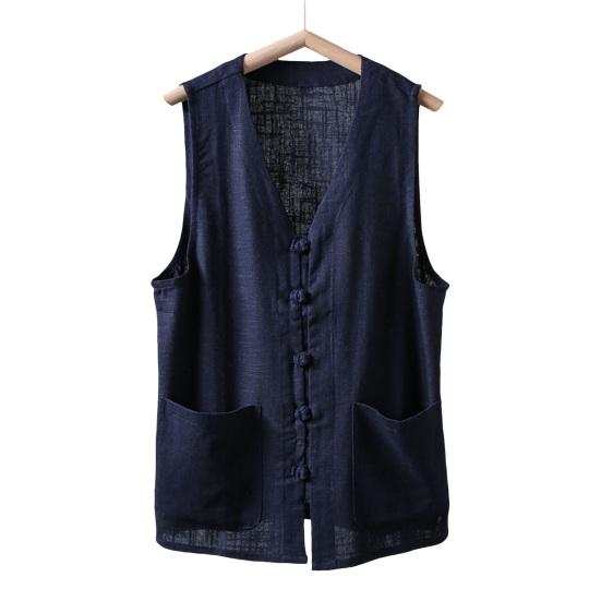 Men Summer Vest Single-breasted Retro Chinese Style Knot Buttons Loose Sleeveless V Neck Patch Pockets Pure Color Casual Top