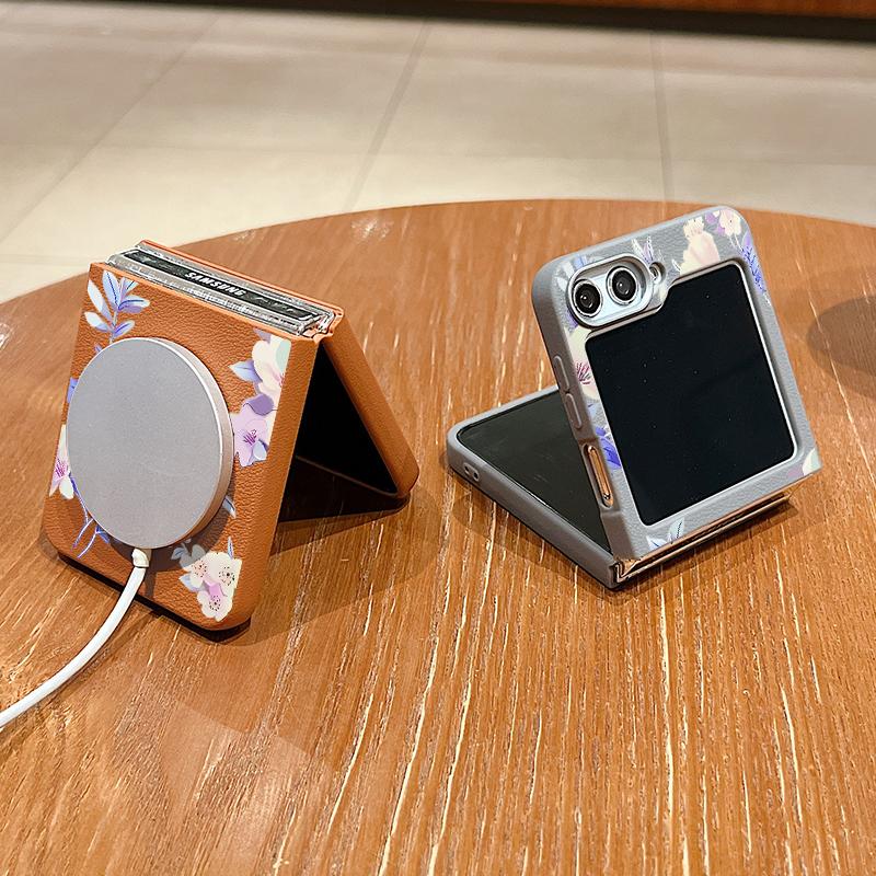 Luxury Leather Texture TPU Flower Case For Magsafe For Samsung Galaxy Z Flip 6 5 4 3 5G Flip4 Flip5 Flip6 Magnetic Folding Cover