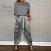 Set di 2 pantaloni da donna in raso con maniche a tre quarti in raso o collo con lacci in vita tinta unita morbido traspirante tasche casual camicetta ampia pantaloni set