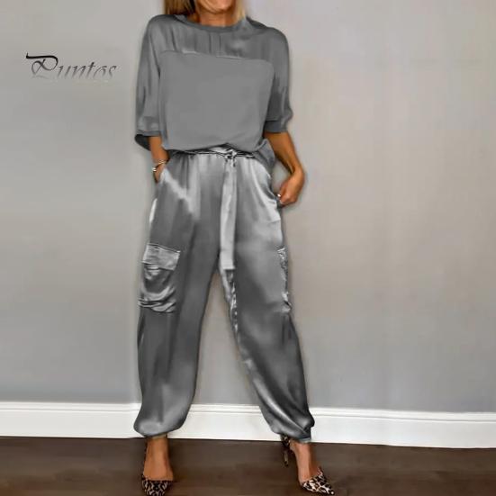 Set di 2 pantaloni da donna in raso con maniche a tre quarti in raso o collo con lacci in vita tinta unita morbido traspirante tasche casual camicetta ampia pantaloni set