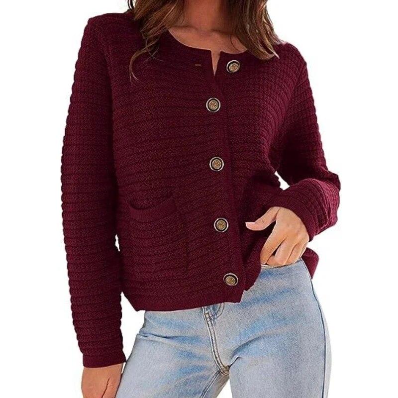 Autumn Round Neck Knitted Coat Vintage Solid Pocket Commuter Office Jacket Casual Button Long Sleeve Cardigans Winter Clothing 29764