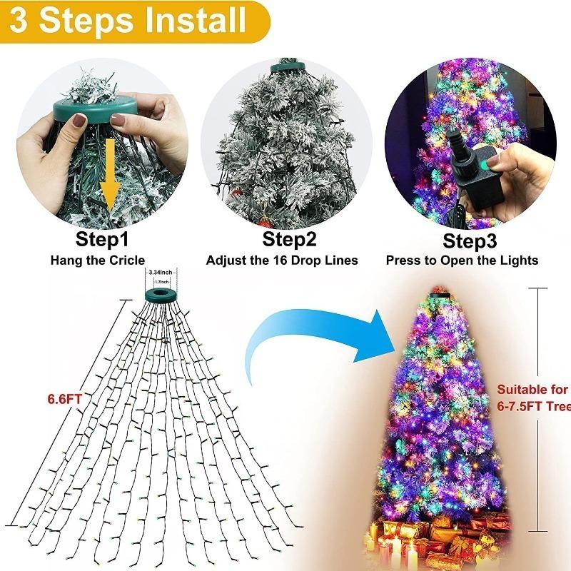 LED Christmas Tree Topper Lights Ring WaterfallString LightsOutdoor Waterproof Garden Yard Decoration HolidayTree Lighting Decor
