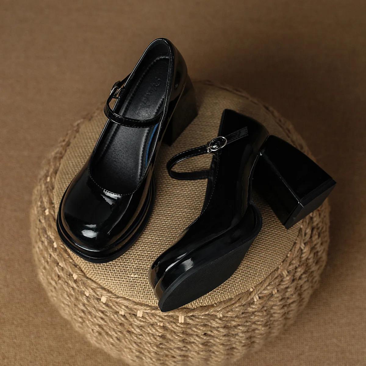 

Черные женские туфли Мэри Джейн из кожи на платформе с пряжкой на высоком каблуке с толстой подошвой и круглым носком Туфли-лодочки в стиле Лолиты Высокое качество 34