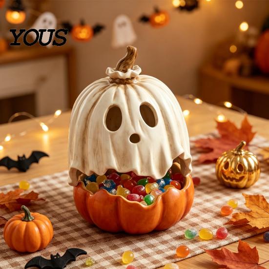 Festive Halloween Table Decor Light Up Ghost Pumpkin Decoration, Vintage Detachable Lamp with Indoor Fall Decorations LED Candle for Kitchen Tabletop