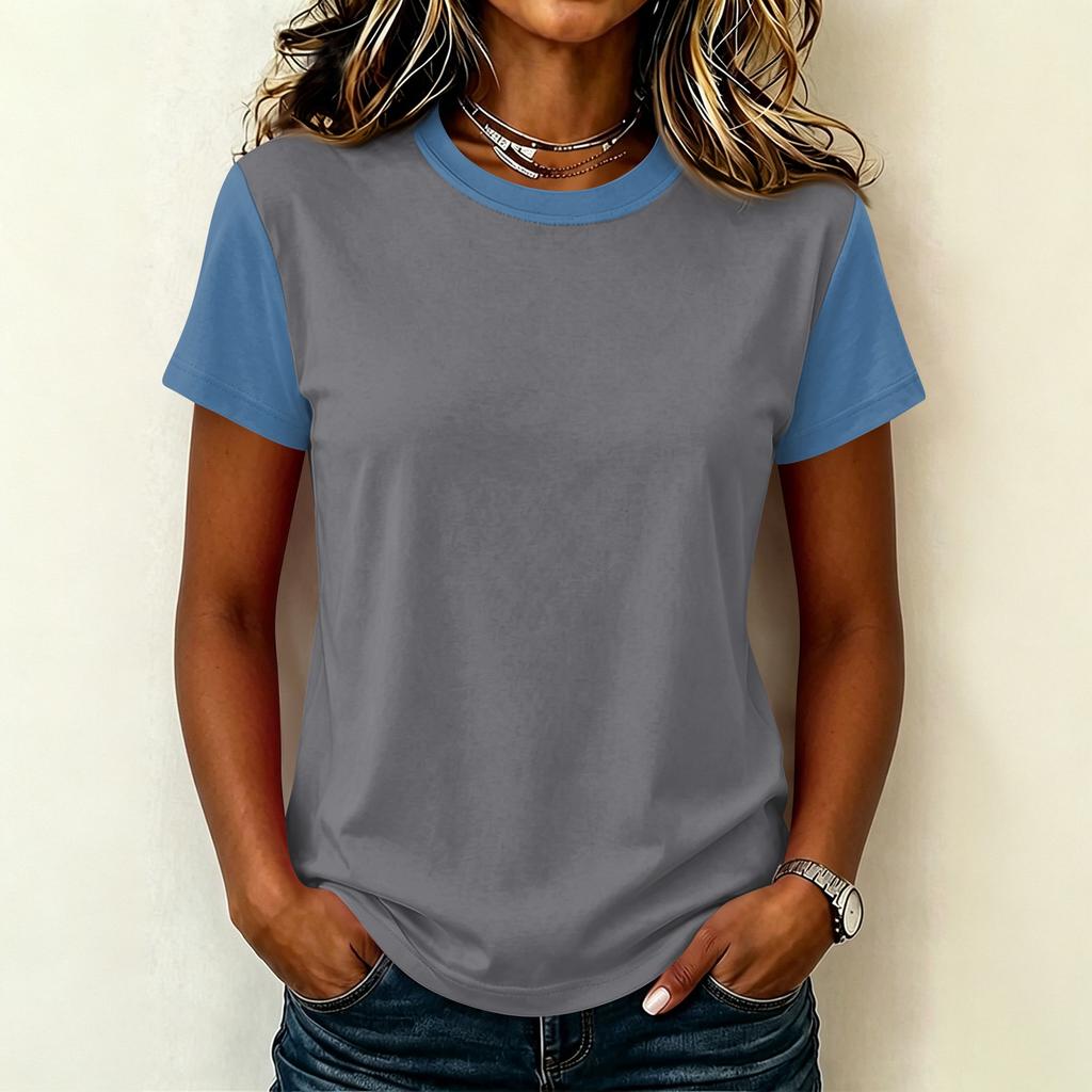 Women’s Casual Crew Neck Short Sleeve Pullover T Shirt Stitching Loose Fit Basic Top for Daily Wear
