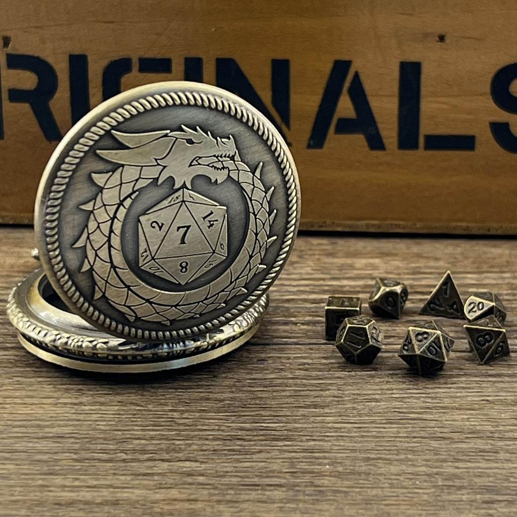 Bronze Pocket Watch with Smallest Metal Set Micro Dices Set Pocket Watch Case Suitable for Tabletop RPG and Board Games