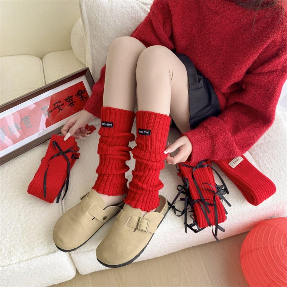 Japanese Christmas Knee Socks Y2k Bow Knitted Leg Socks Sweet New Year Red Socks  For Girl
