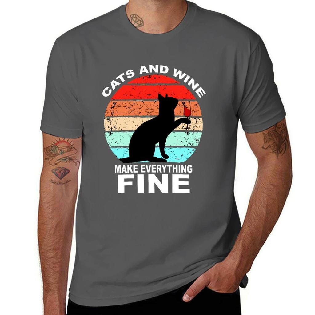 Cats And Wine Make Everything Fine TShirt Work Daily Short Sleeve Top