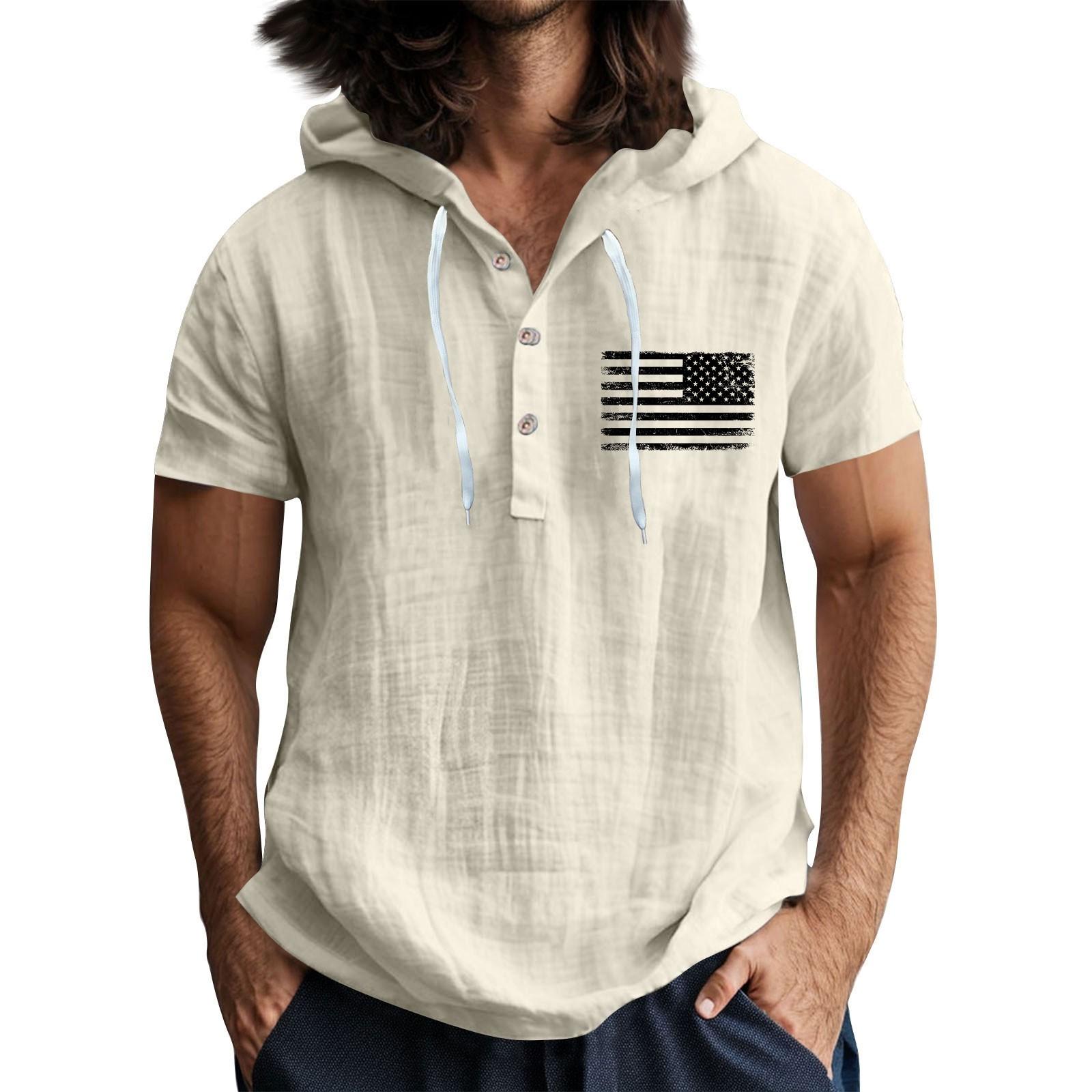 

Чоловіча повсякденна футболка з короткими рукавами та капюшоном, застібнута на ґудзики, з відкритим коміром M бежевий