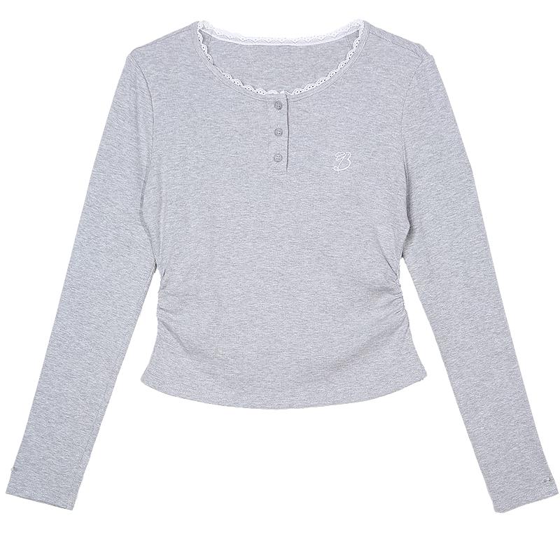 Betu Women s Lace Trim Pleated Waist Slim Long Sleeve T-Shirt L
