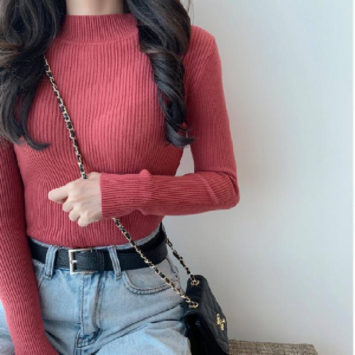 Women's Slim Fit High Neck Sweater: Korean Style, Long Sleeve Knit Top for Autumn/Winter 2024