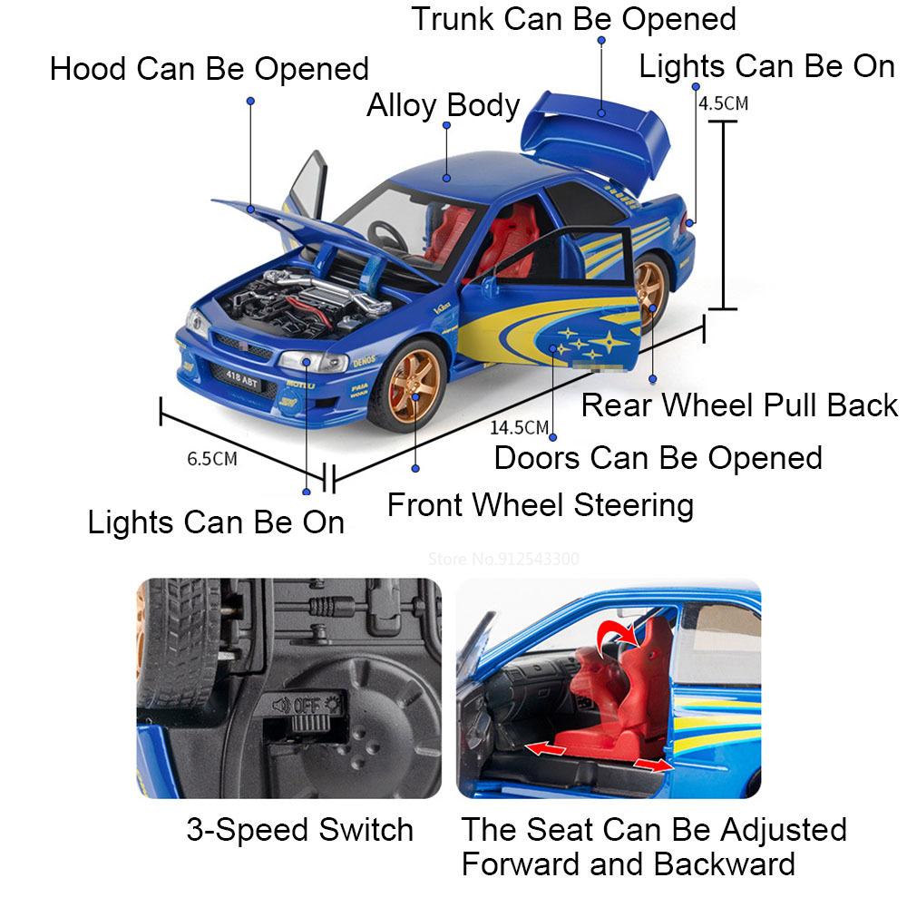 1:32 Scale Subaru Impreza STI Alloy Car Toy Model Doors Opened Shock Absorption Vehicle Models Sound Light Gifts for Children