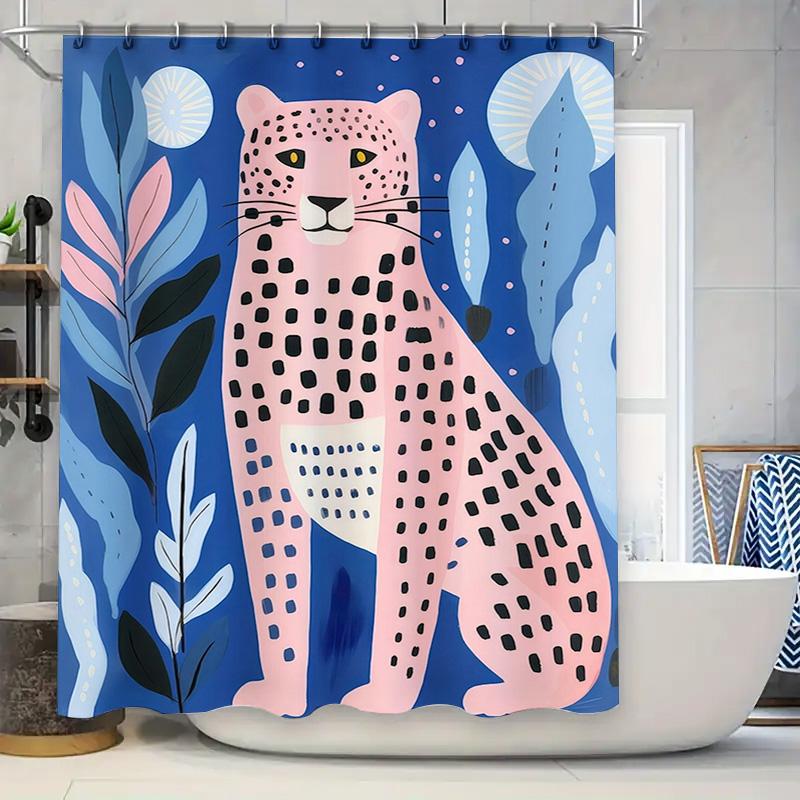 Animal Print Shower Curtain: Pink Leopard With Blue Background Perfect For Bathroom Decor!