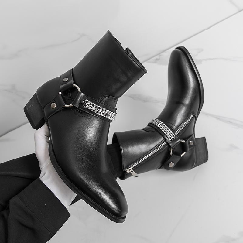 Fashion Classic Black Fashionable Mens Breathable Side Zipper High Top Boots Autumn Men Comfortable Pointed Western Cowboy Outdoor Boots