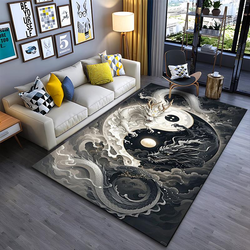 Area Rug, Yin Yang White Black Dragon Chinese Clouds Art Print, Living Room Decor, Non-Slip Mat