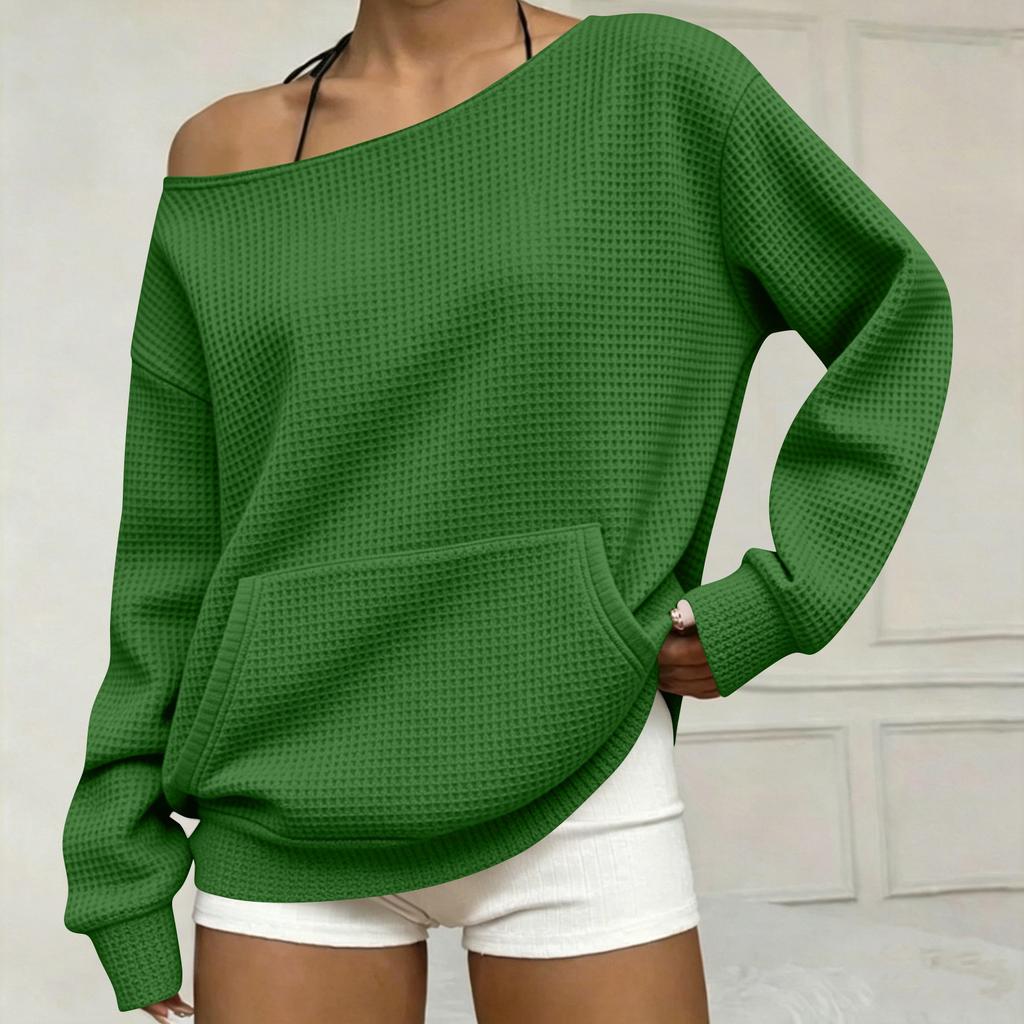 Women's Fashion Casual Off-Shoulder Long Sleeve Knit Sweatshirt with Pockets