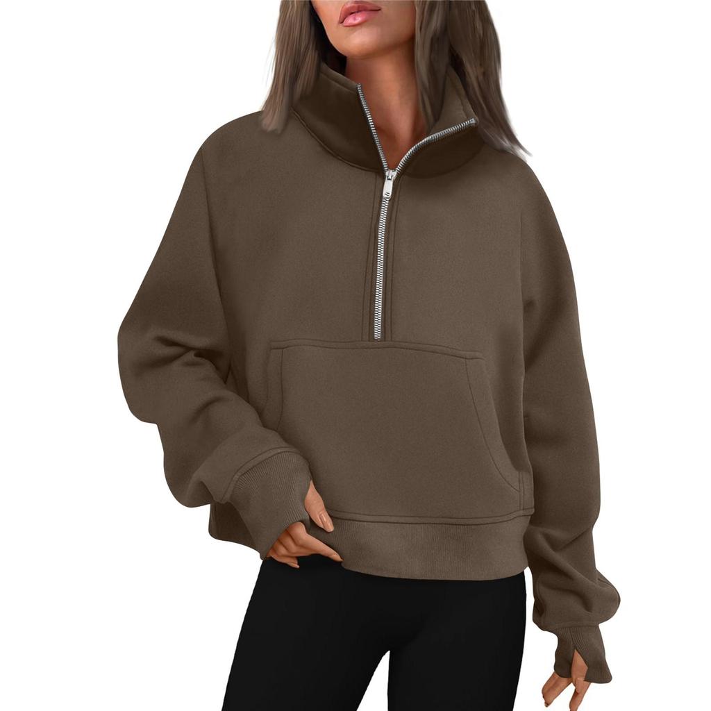 Damen Stehkragen Plus Fleece Einfarbig Langarm Tasche Lockerer Halb-Zip Pullover Hoodie Top