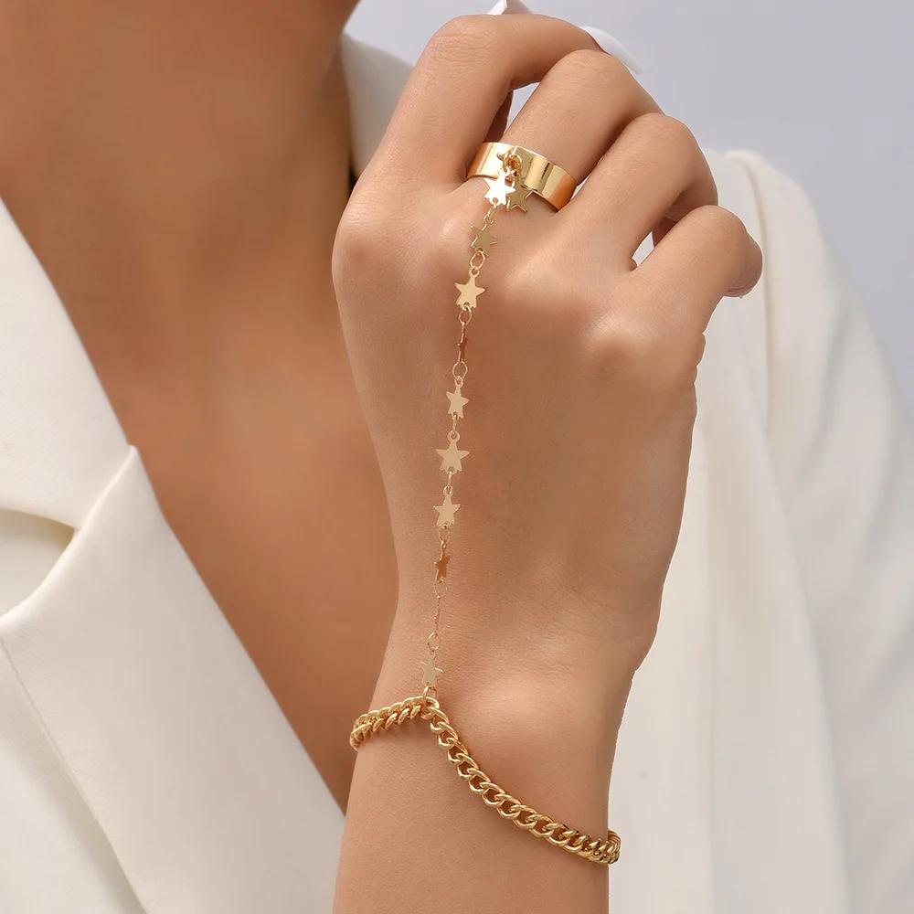 Simple Heart Slave Chain Bracelet Gold Plated Link Connected Wide Finger Ring Bracelets Jewelry Gifts For Women Girls